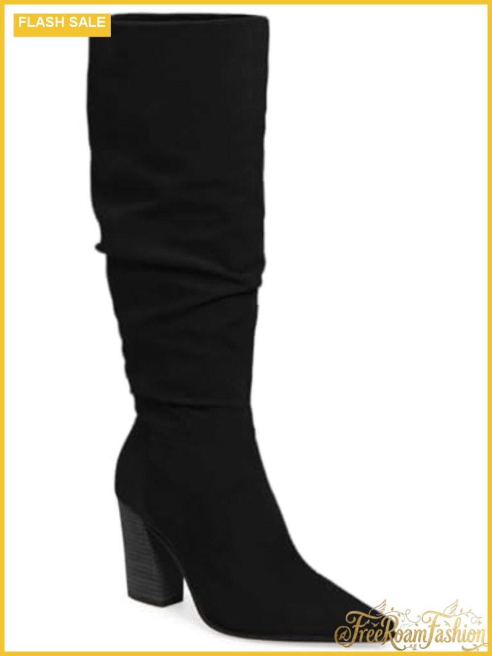 Faux Suede Knee High Boots Pointed Toe Chunky Heel Side Zipper Dress Boots